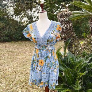 Angie Floral Lace Trim Dress Blue Empire Waist Women’s Size S Boho Peasant